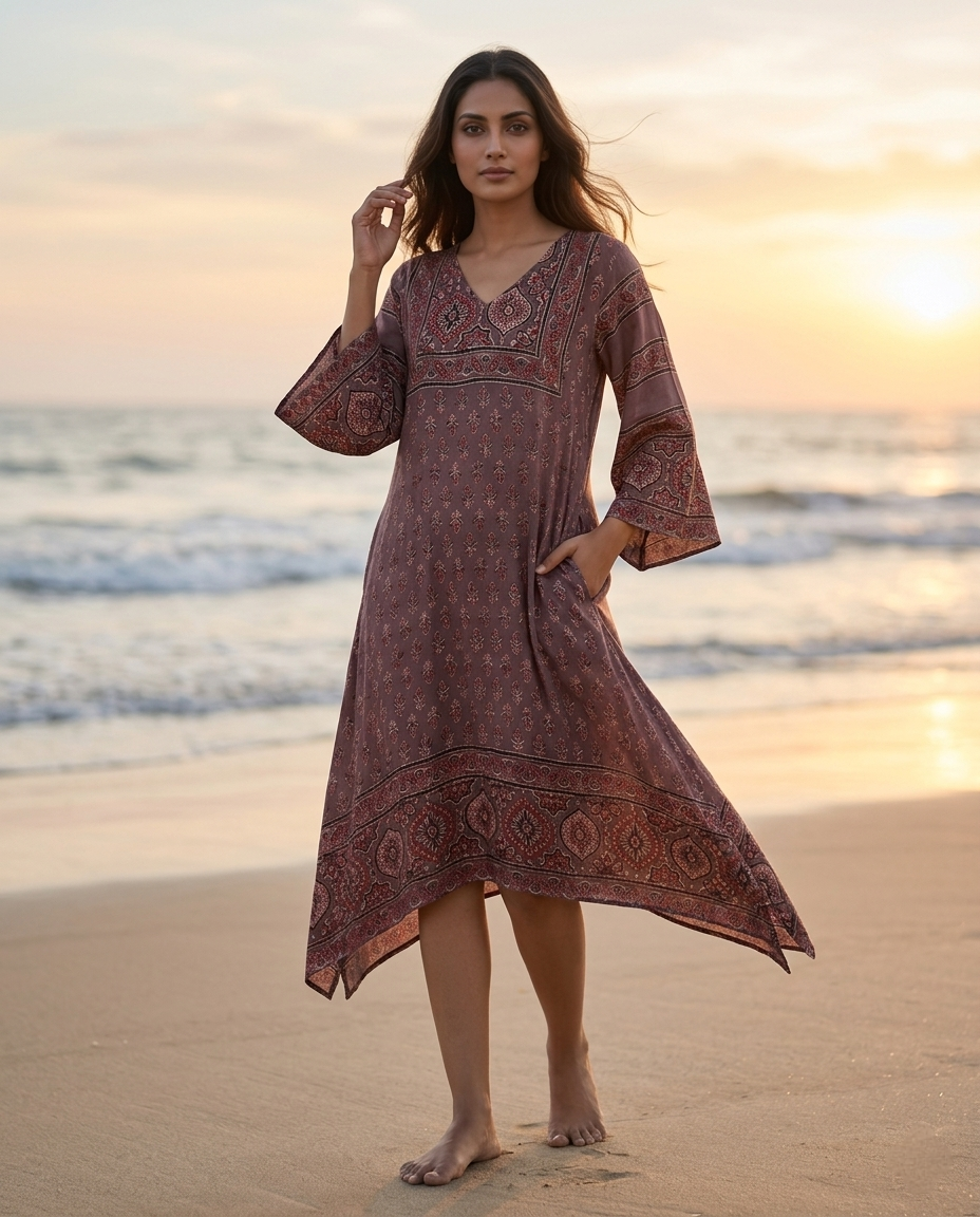 MOSAIC POINT MODAL SILK BROWN AJRAKH KURTA (HANDBLOCK)