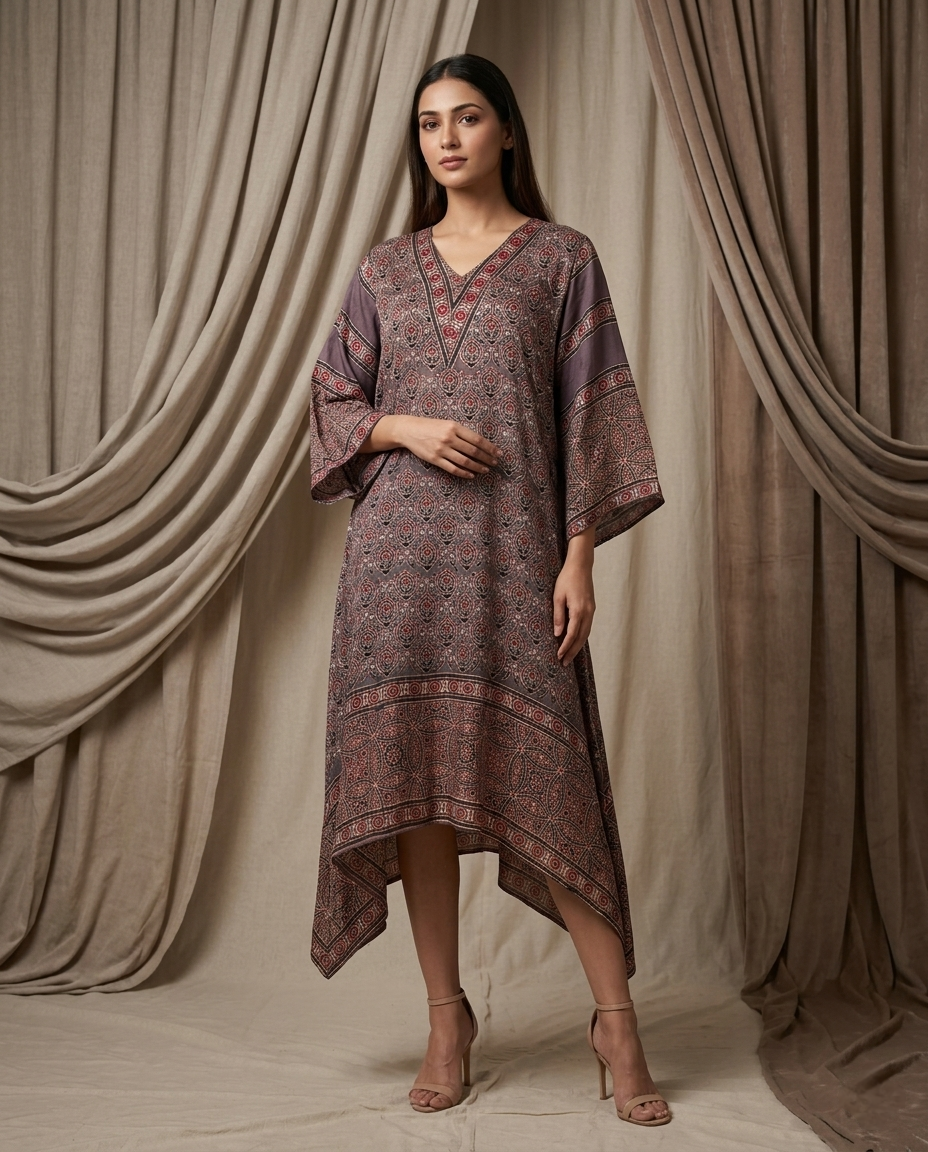 MOSAIC POINT MODAL SILK BROWN AJRAKH KURTA (HANDBLOCK)