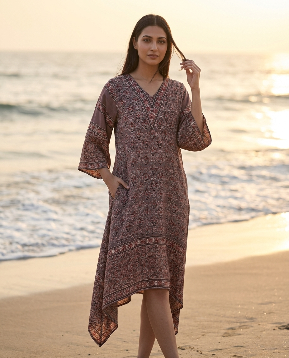 MOSAIC POINT MODAL SILK BROWN AJRAKH KURTA (HANDBLOCK)