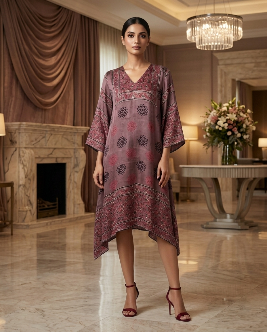 MOSAIC POINT MODAL SILK BROWN AJRAKH KURTA (HANDBLOCK)
