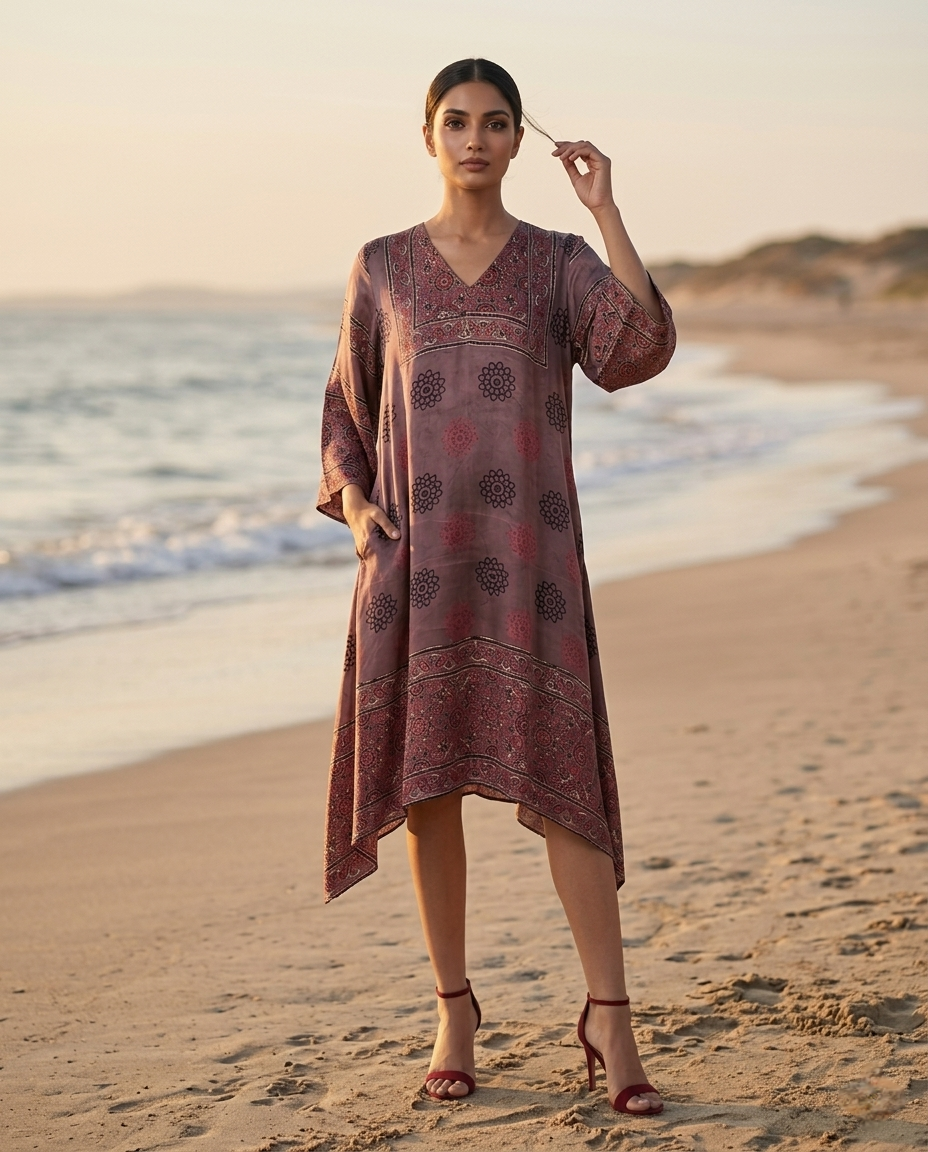 MOSAIC POINT MODAL SILK BROWN AJRAKH KURTA (HANDBLOCK)