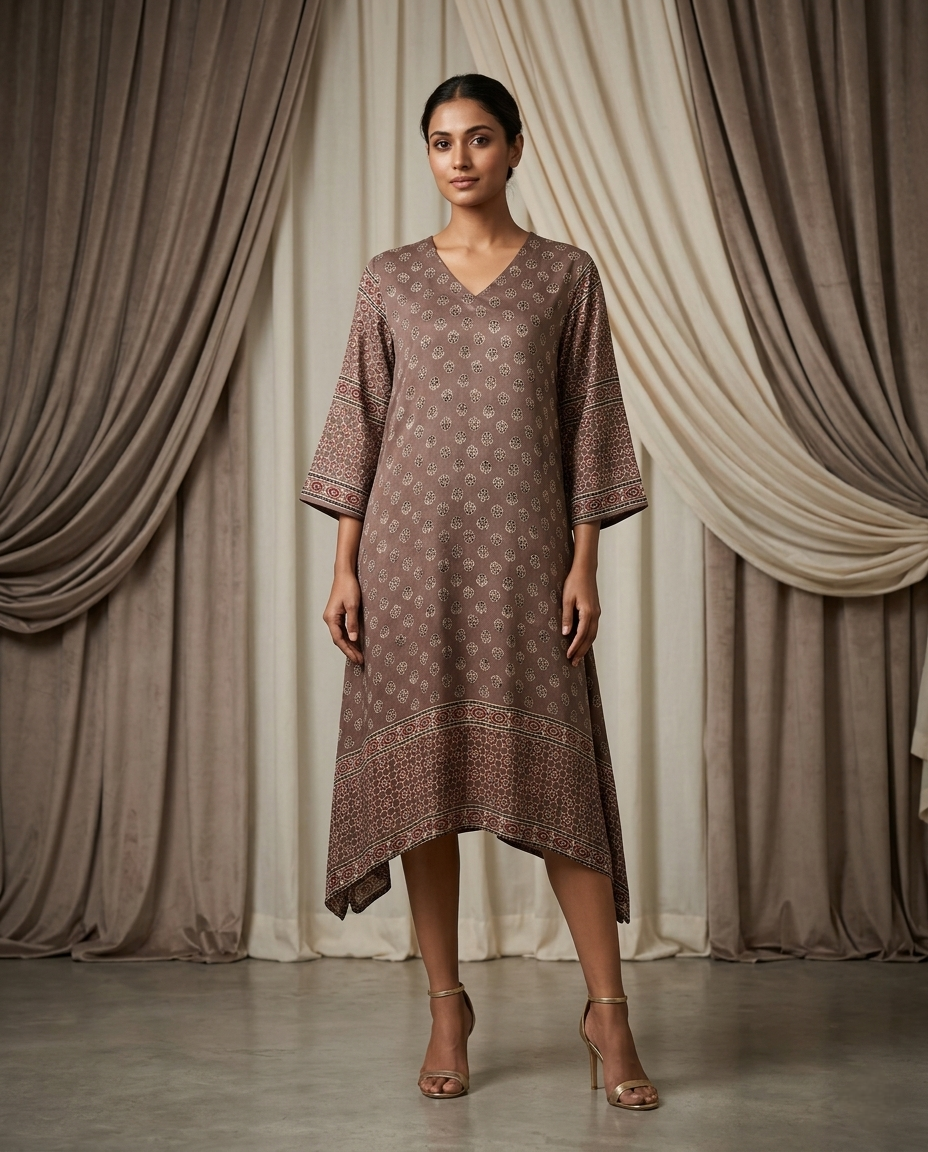 MOSAIC POINT MODAL SILK BROWN AJRAKH KURTA (HANDBLOCK)