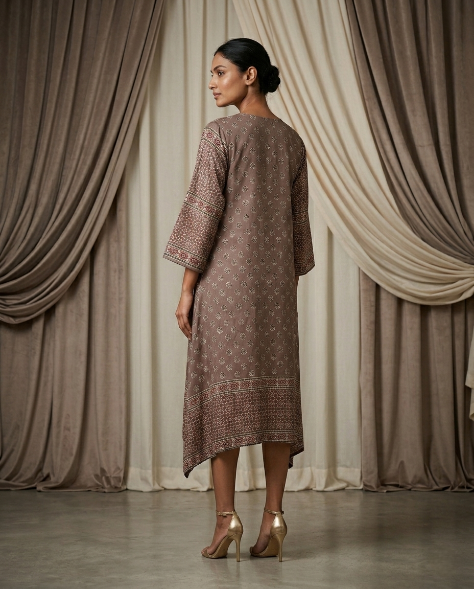 MOSAIC POINT MODAL SILK BROWN AJRAKH KURTA (HANDBLOCK)