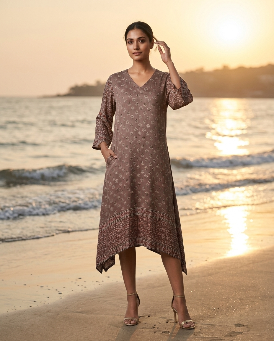MOSAIC POINT MODAL SILK BROWN AJRAKH KURTA (HANDBLOCK)