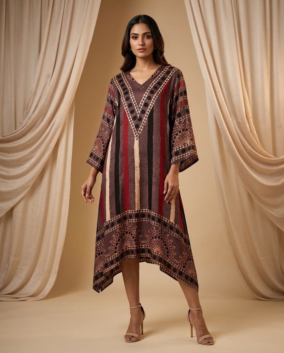 MOSAIC POINT MODAL SILK GREY AJRAKH KURTA (HANDBLOCK)