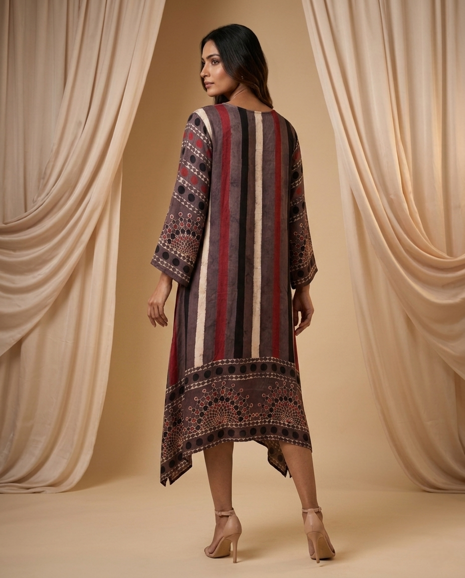 MOSAIC POINT MODAL SILK GREY AJRAKH KURTA (HANDBLOCK)