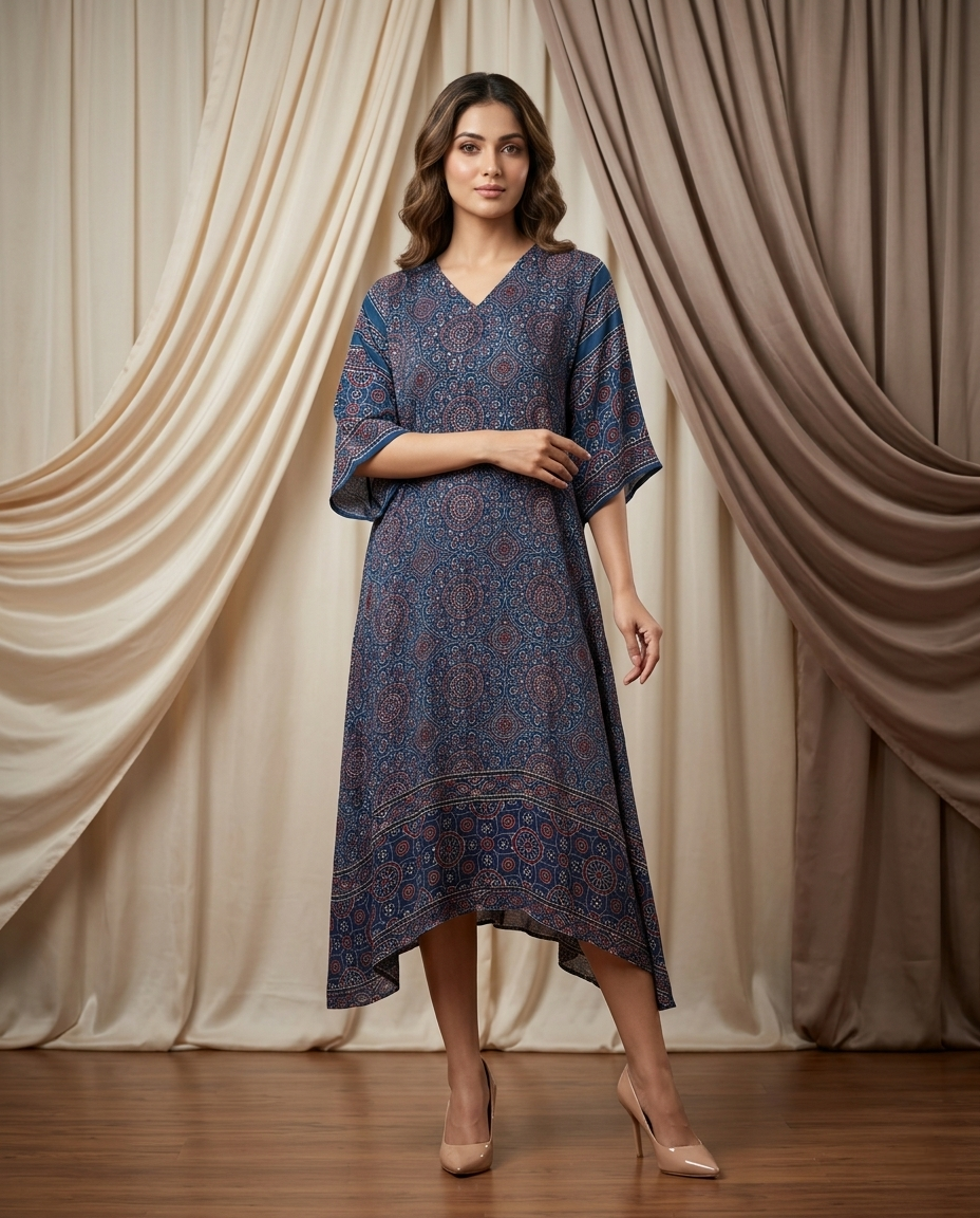 MOSAIC POINT MODAL SILK BLUE AJRAKH KURTA (HANDBLOCK)
