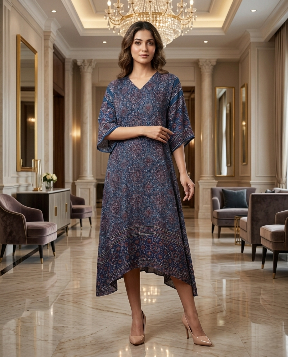 MOSAIC POINT MODAL SILK BLUE AJRAKH KURTA (HANDBLOCK)