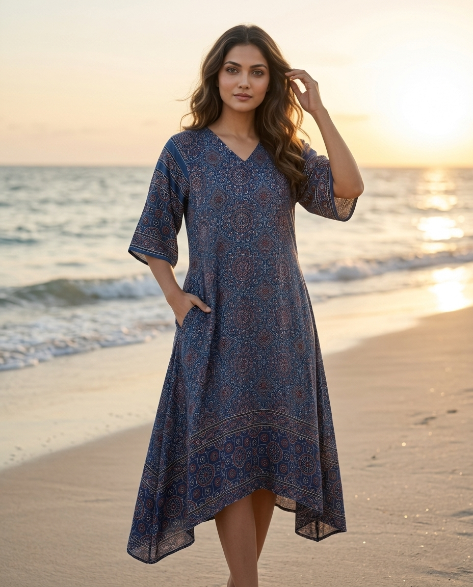 MOSAIC POINT MODAL SILK BLUE AJRAKH KURTA (HANDBLOCK)