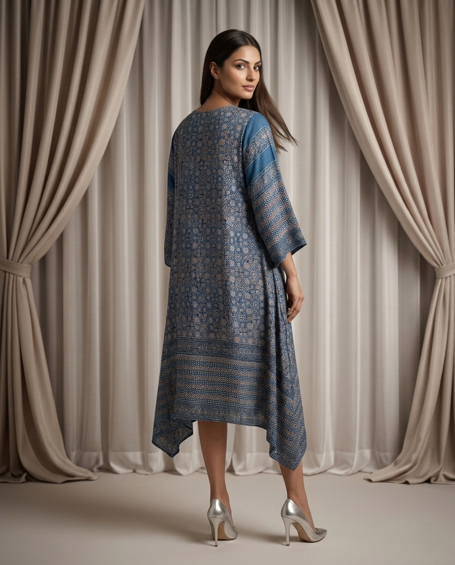 MOSAIC POINT MODAL SILK BLUE AJRAKH KURTA (HANDBLOCK)