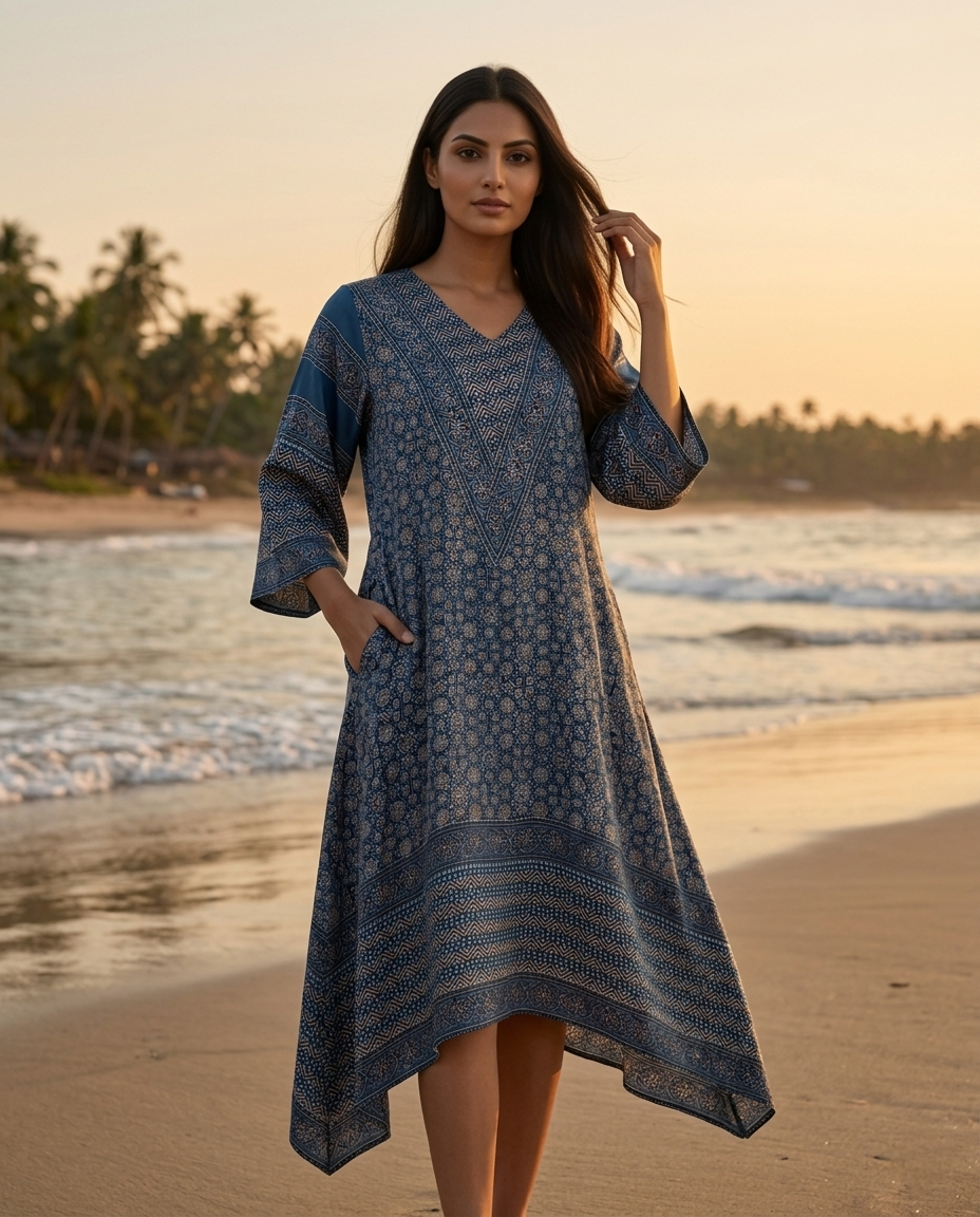 MOSAIC POINT MODAL SILK BLUE AJRAKH KURTA (HANDBLOCK)