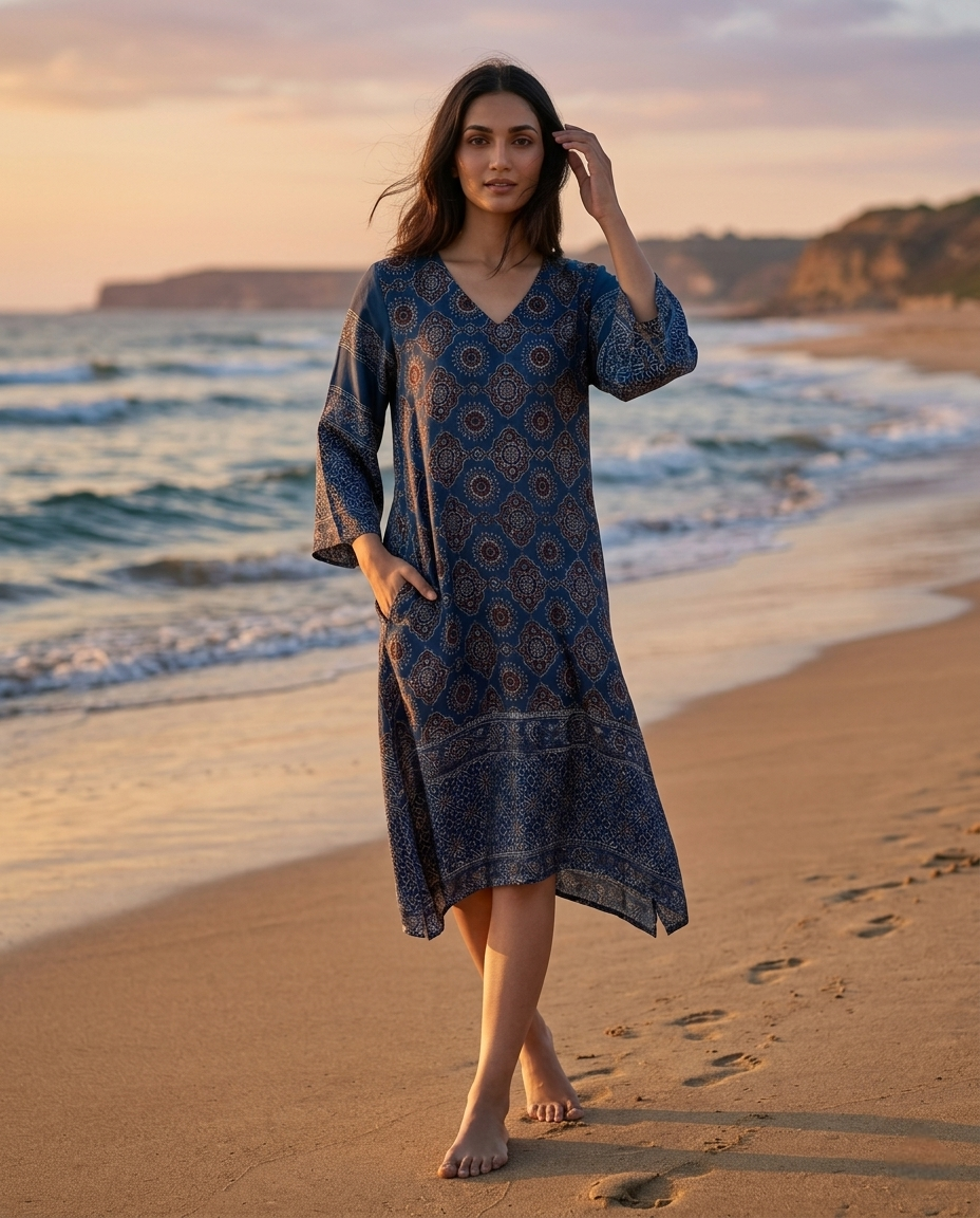 MOSAIC POINT MODAL SILK BLUE AJRAKH KURTA (HANDBLOCK)