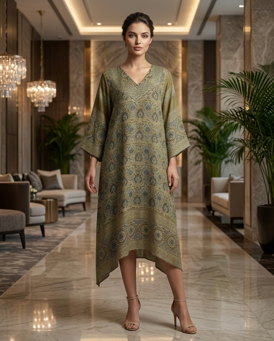 MOSAIC POINT MODAL SILK BROWN AJRAKH KURTA (HANDBLOCK)