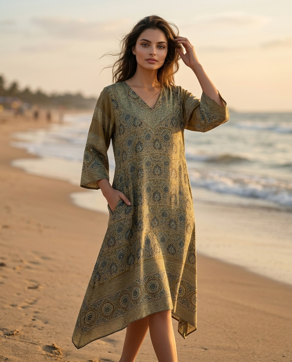 MOSAIC POINT MODAL SILK BROWN AJRAKH KURTA (HANDBLOCK)