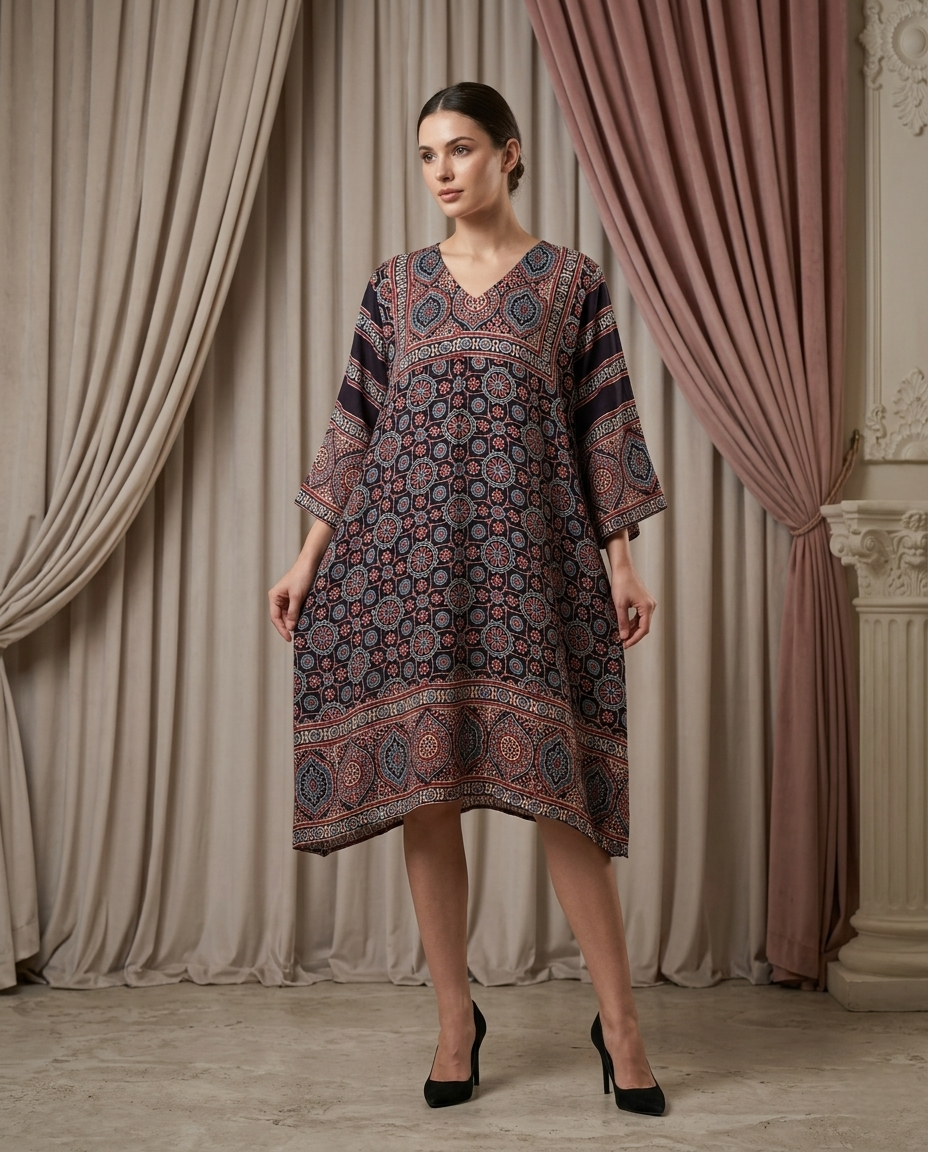 MOSAIC POINT MODAL SILK BLACK AJRAKH KURTA (HANDBLOCK)