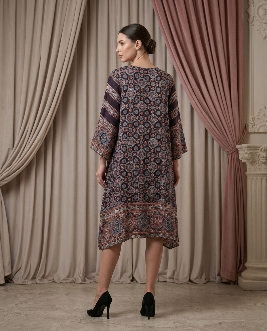 MOSAIC POINT MODAL SILK BLACK AJRAKH KURTA (HANDBLOCK)