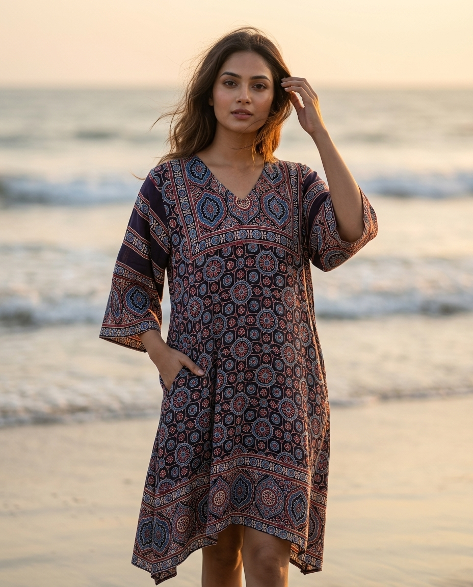 MOSAIC POINT MODAL SILK BLACK AJRAKH KURTA (HANDBLOCK)