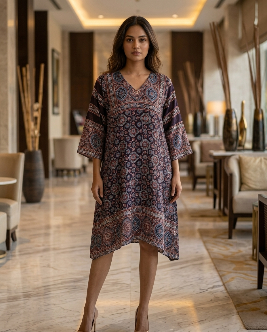 MOSAIC POINT MODAL SILK BLACK AJRAKH KURTA (HANDBLOCK)