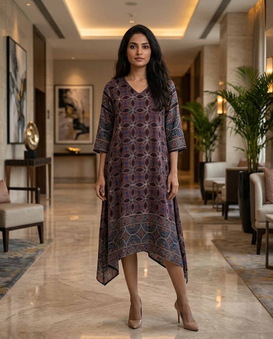 MOSAIC POINT MODAL SILK BLACK AJRAKH KURTA (HANDBLOCK)