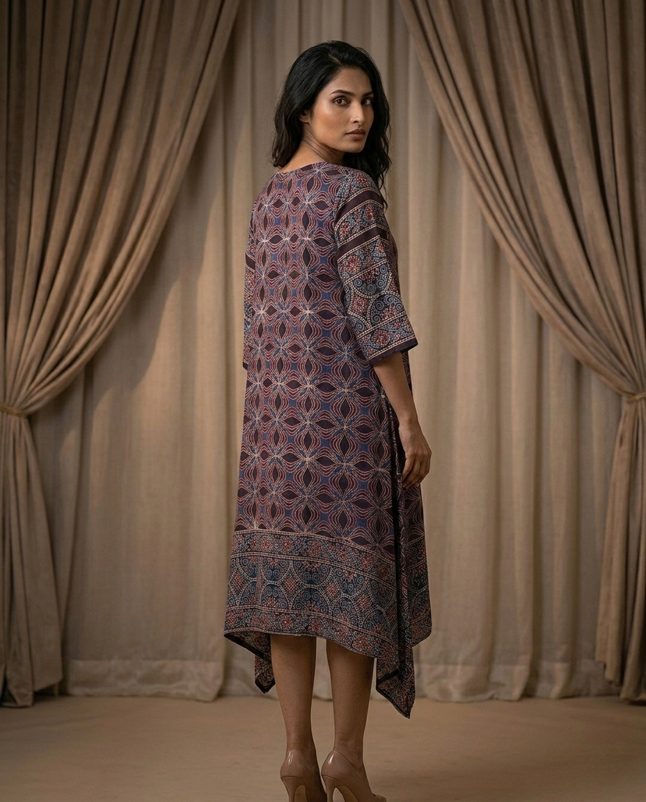 MOSAIC POINT MODAL SILK BLACK AJRAKH KURTA (HANDBLOCK)