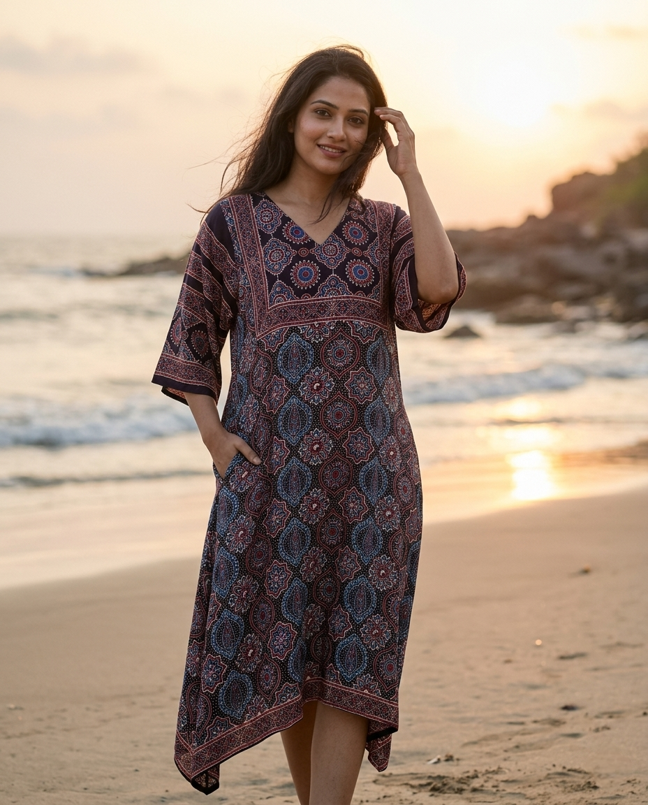 MOSAIC POINT MODAL SILK BLACK AJRAKH KURTA (HANDBLOCK)
