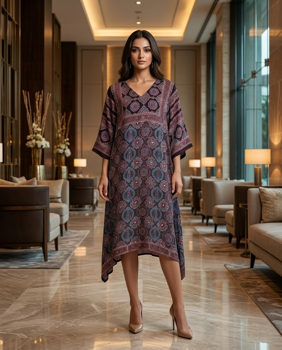 MOSAIC POINT MODAL SILK BLACK AJRAKH KURTA (HANDBLOCK)