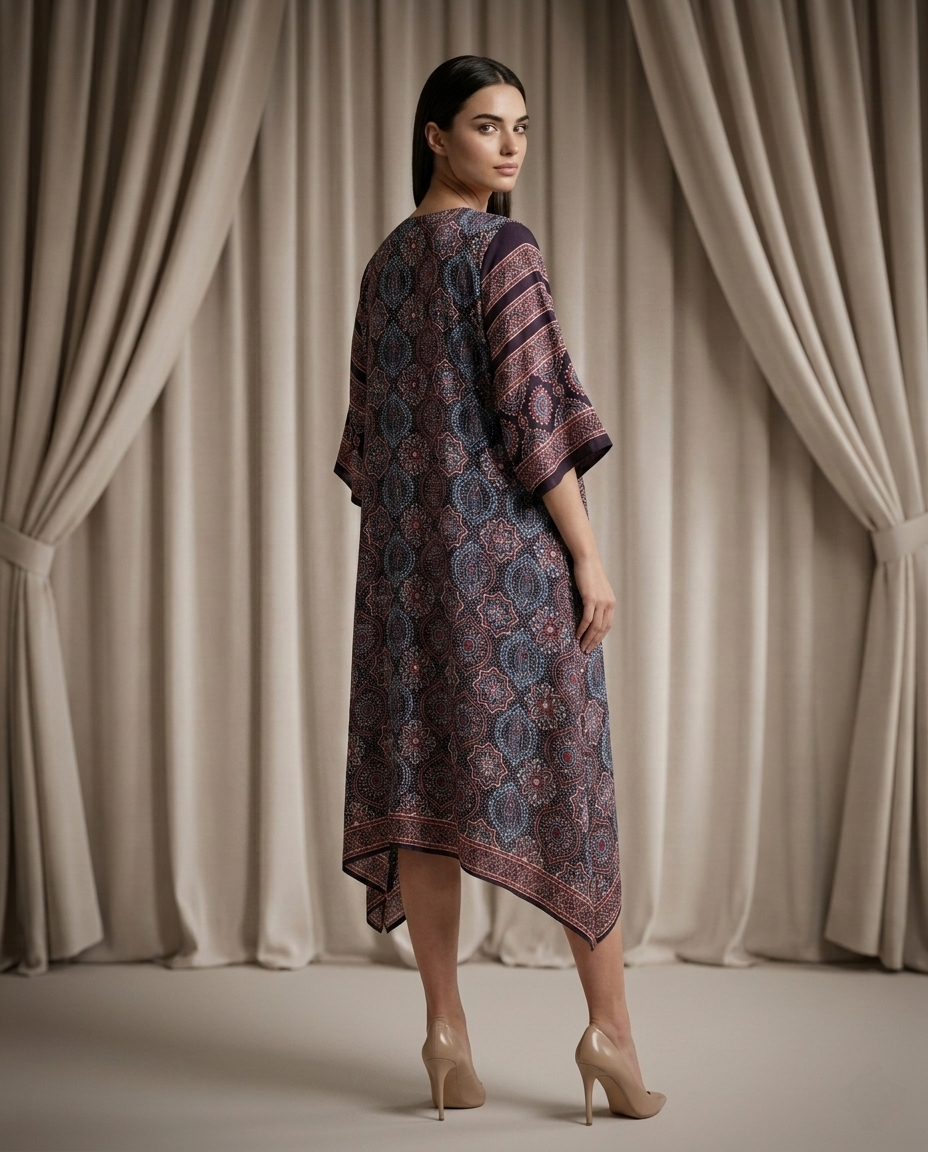 MOSAIC POINT MODAL SILK BLACK AJRAKH KURTA (HANDBLOCK)