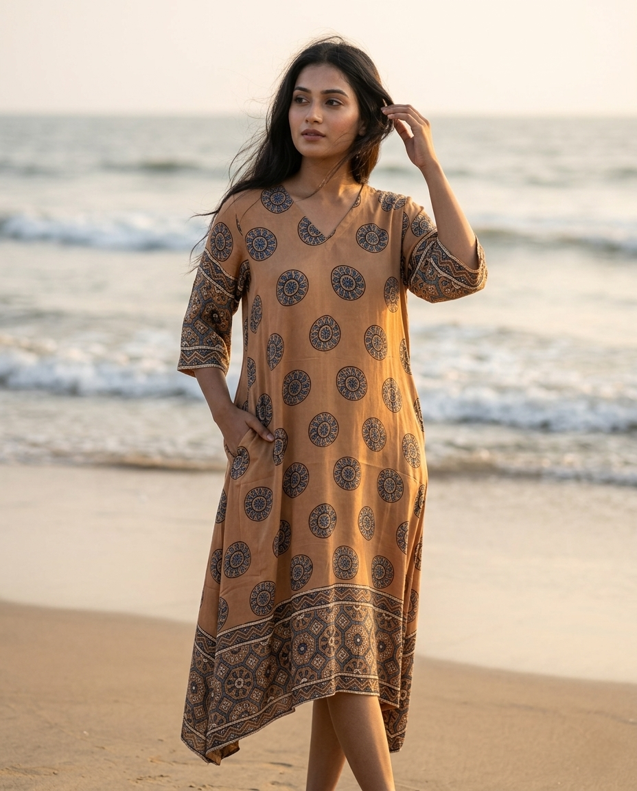 MOSAIC POINT MODAL SILK CHARCOAL GREY AJRAKH KURTA (HANDBLOCK)