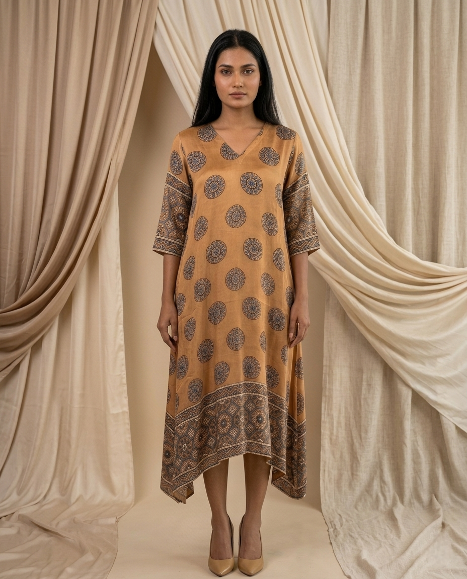 MOSAIC POINT MODAL SILK CHARCOAL GREY AJRAKH KURTA (HANDBLOCK)