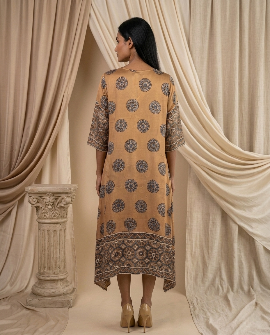 MOSAIC POINT MODAL SILK CHARCOAL GREY AJRAKH KURTA (HANDBLOCK)