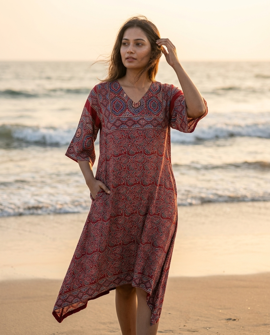 MOSAIC POINT MODAL SILK RED AJRAKH KURTA (HANDBLOCK)