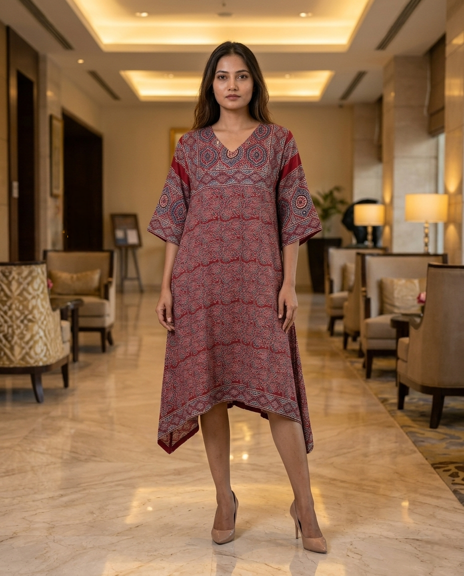 MOSAIC POINT MODAL SILK RED AJRAKH KURTA (HANDBLOCK)