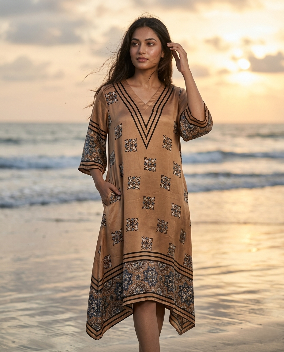 MOSAIC POINT MODAL SILK CHARCOAL GREY AJRAKH KURTA (HANDBLOCK)