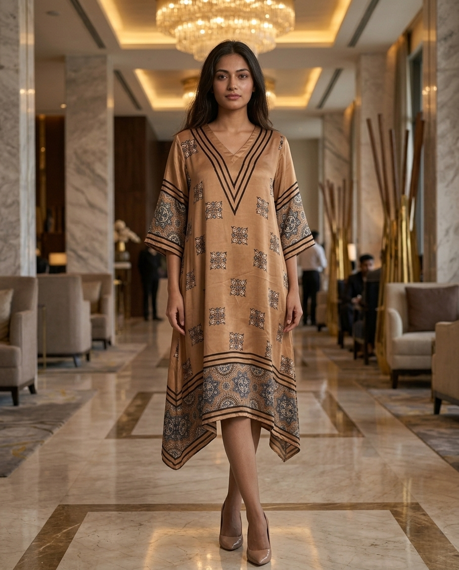 MOSAIC POINT MODAL SILK CHARCOAL GREY AJRAKH KURTA (HANDBLOCK)