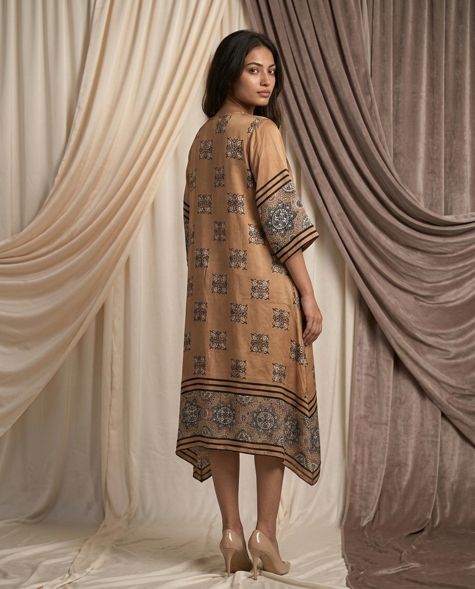 MOSAIC POINT MODAL SILK CHARCOAL GREY AJRAKH KURTA (HANDBLOCK)