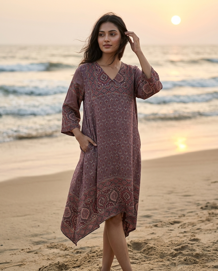 MOSAIC POINT MODAL SILK GREY AJRAKH KURTA (HANDBLOCK)