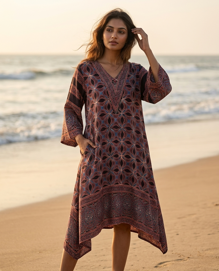 MOSAIC POINT MODAL SILK BLACK AJRAKH KURTA (HANDBLOCK)
