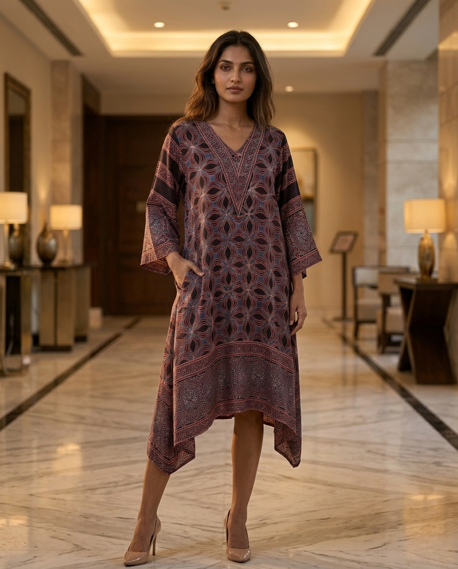 MOSAIC POINT MODAL SILK BLACK AJRAKH KURTA (HANDBLOCK)