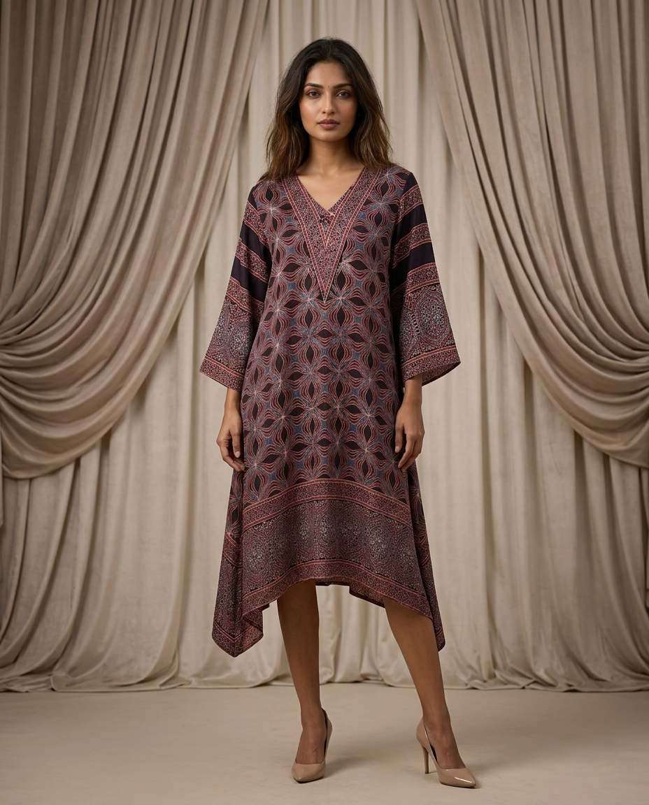 MOSAIC POINT MODAL SILK BLACK AJRAKH KURTA (HANDBLOCK)