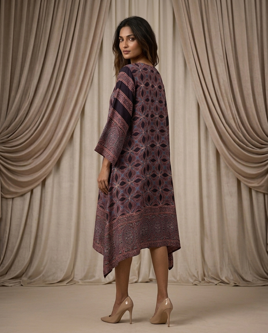 MOSAIC POINT MODAL SILK BLACK AJRAKH KURTA (HANDBLOCK)