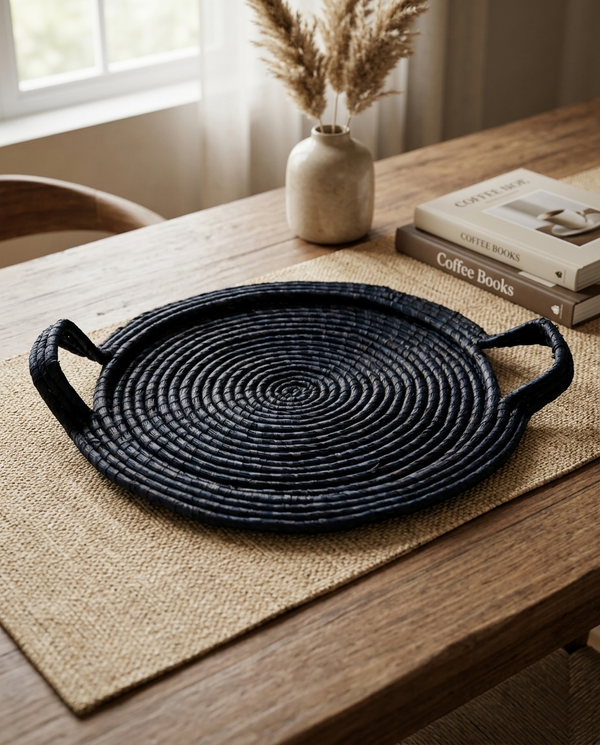 HANDMADE BLACK ROUND CENTRE PLATTER TRAY