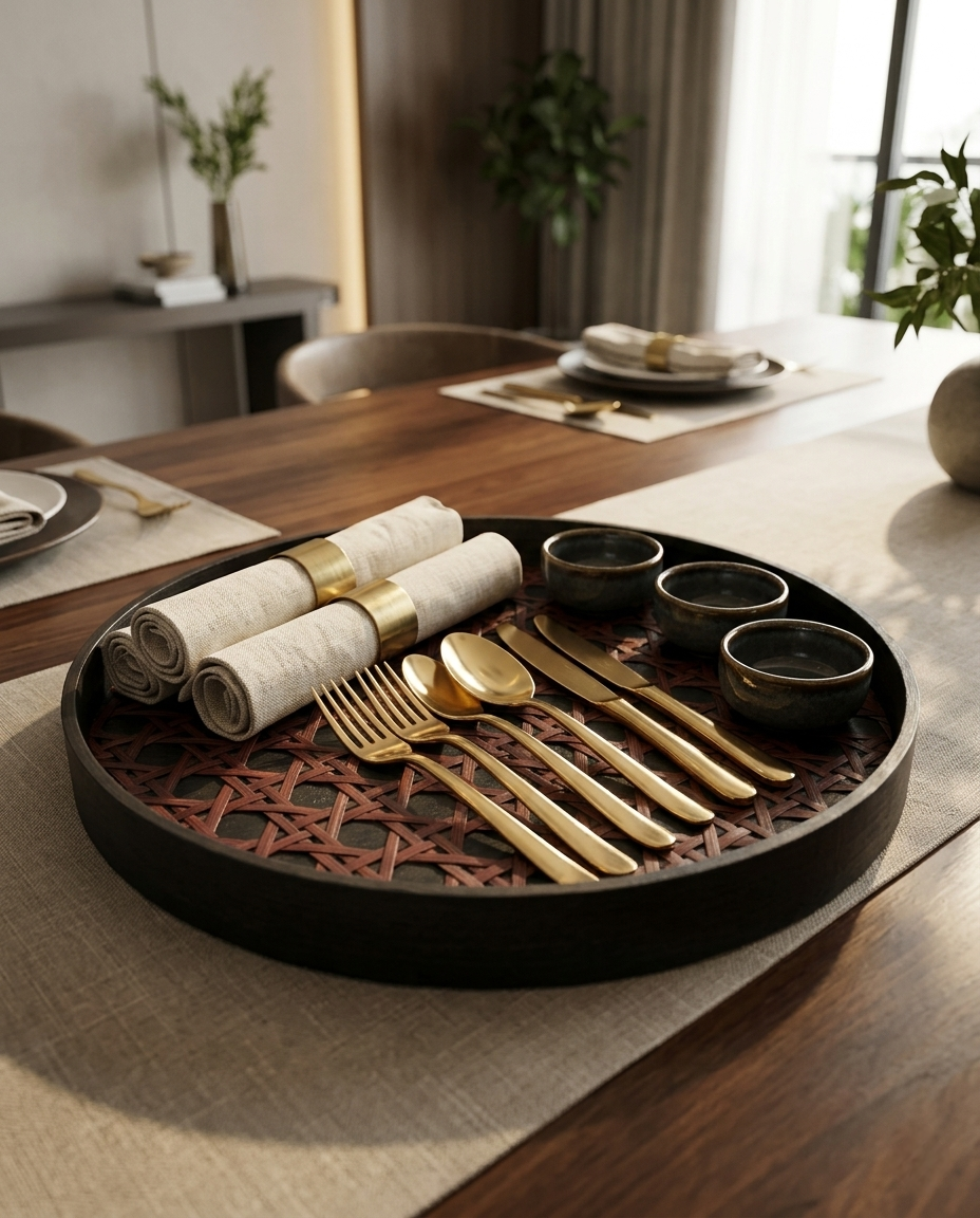 HANDMADE BAMBOO BLACK ROUND TRAY