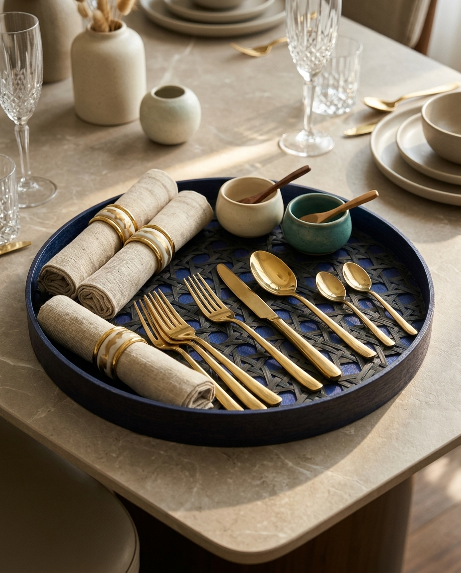 HANDMADE BAMBOO BLUE ROUND TRAY