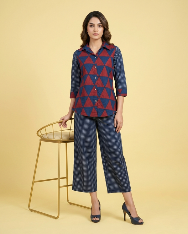 AJRAKH CHARM BRICK RED + BLUE COTTON CORDSET