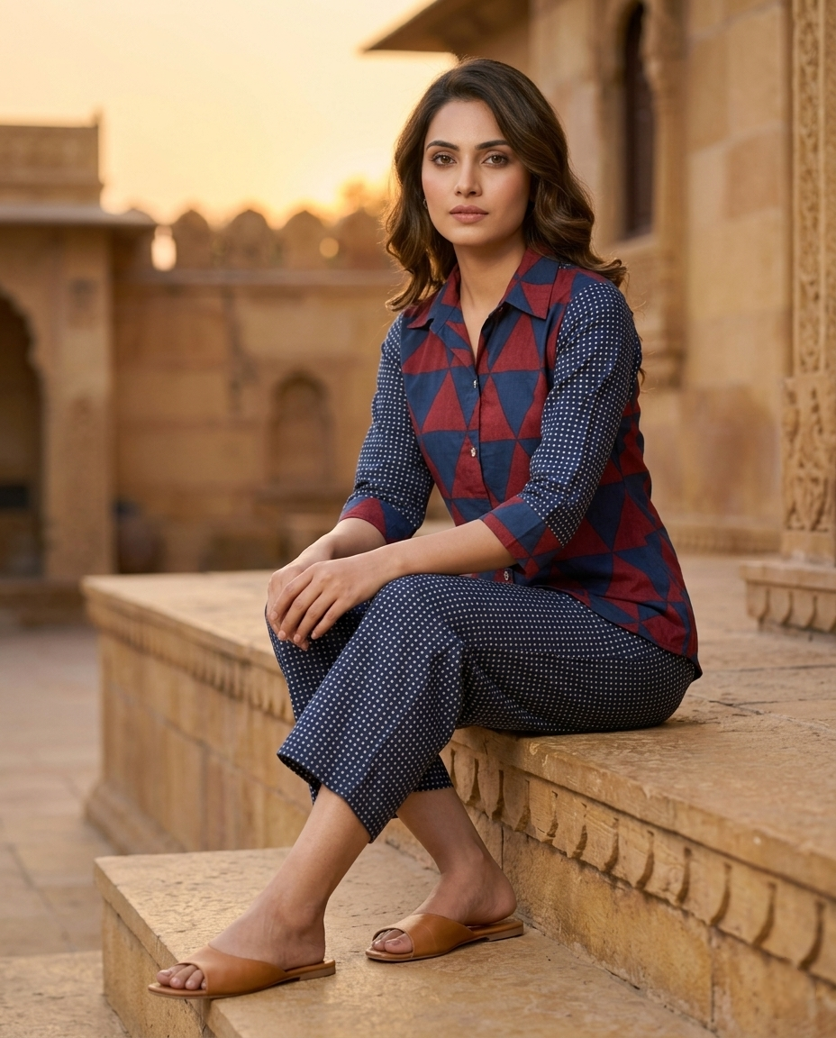 AJRAKH CHARM BRICK RED + BLUE COTTON CORDSET