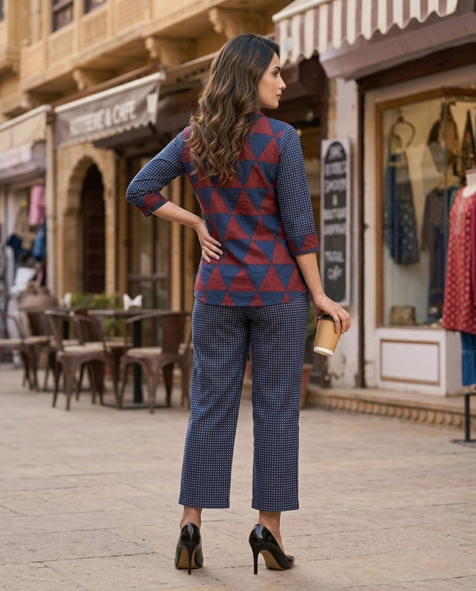 AJRAKH CHARM BRICK RED + BLUE COTTON CORDSET