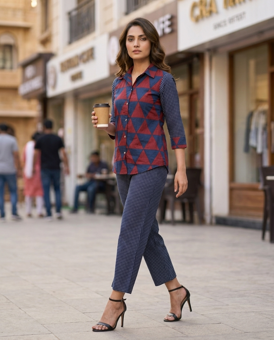 AJRAKH CHARM BRICK RED + BLUE COTTON CORDSET