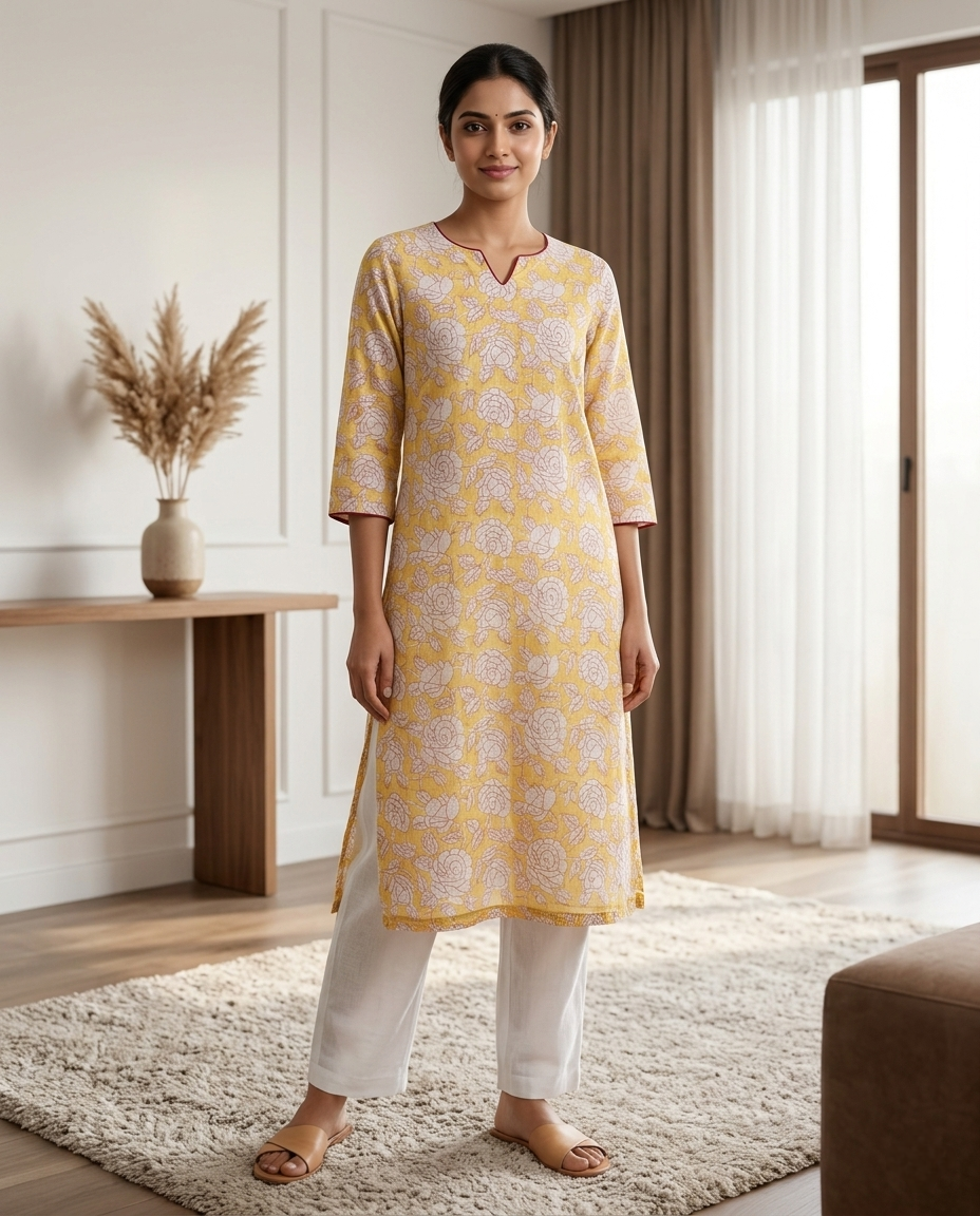 FLORAL KOTA DORIA STRAIGHT KURTA (HANDBLOCK)