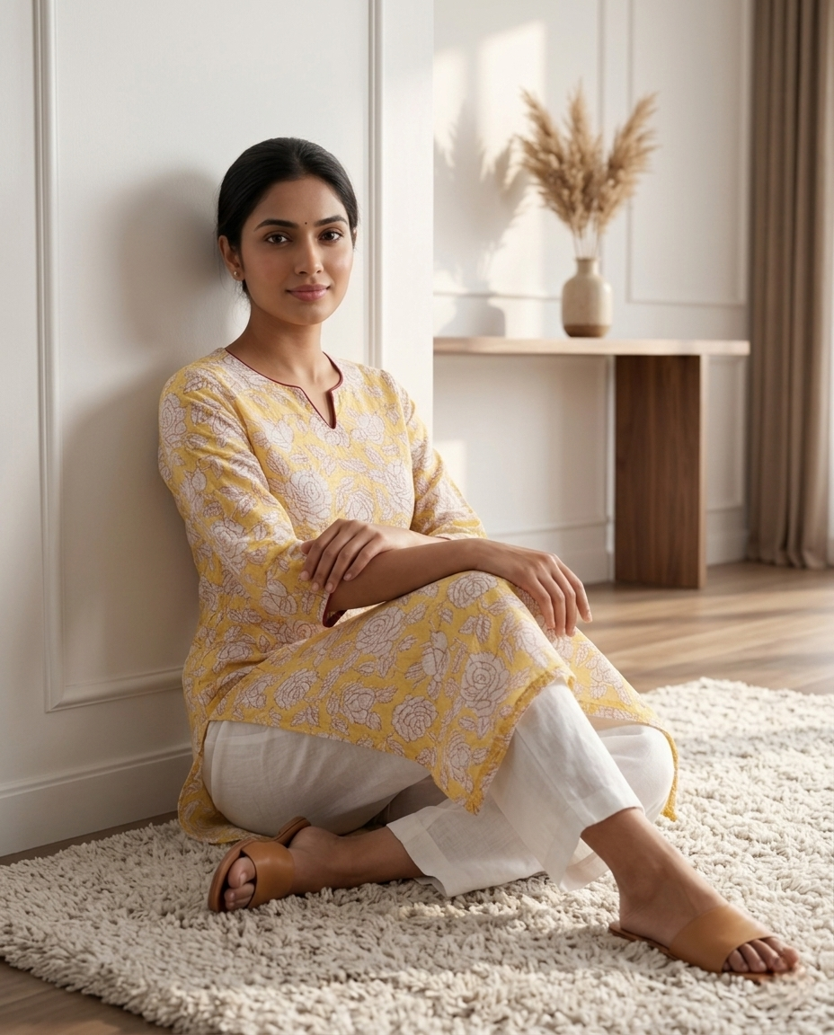 FLORAL KOTA DORIA STRAIGHT KURTA (HANDBLOCK)