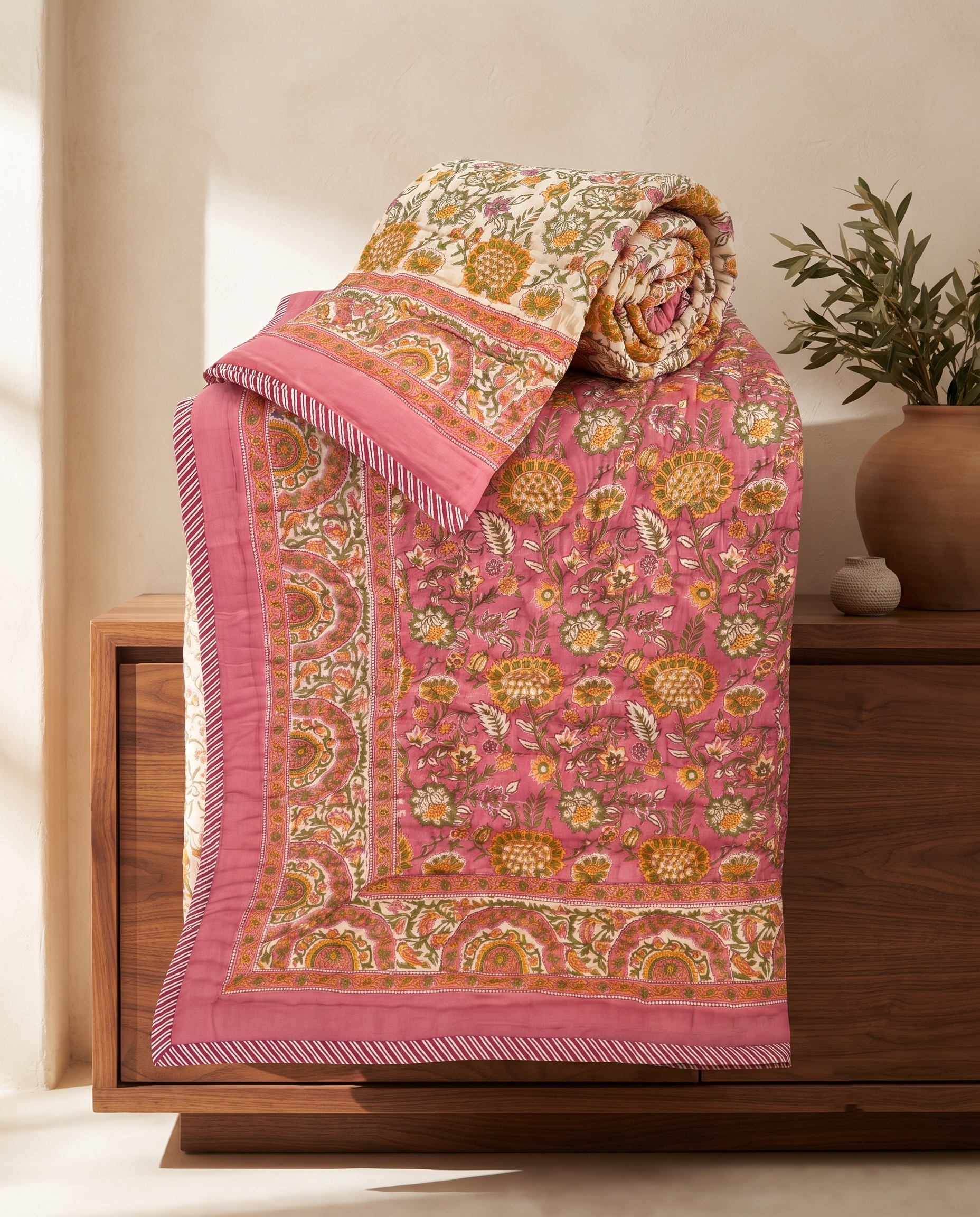 Hand Block Reversible Single Quilt Premium Cotton – Pink Floral